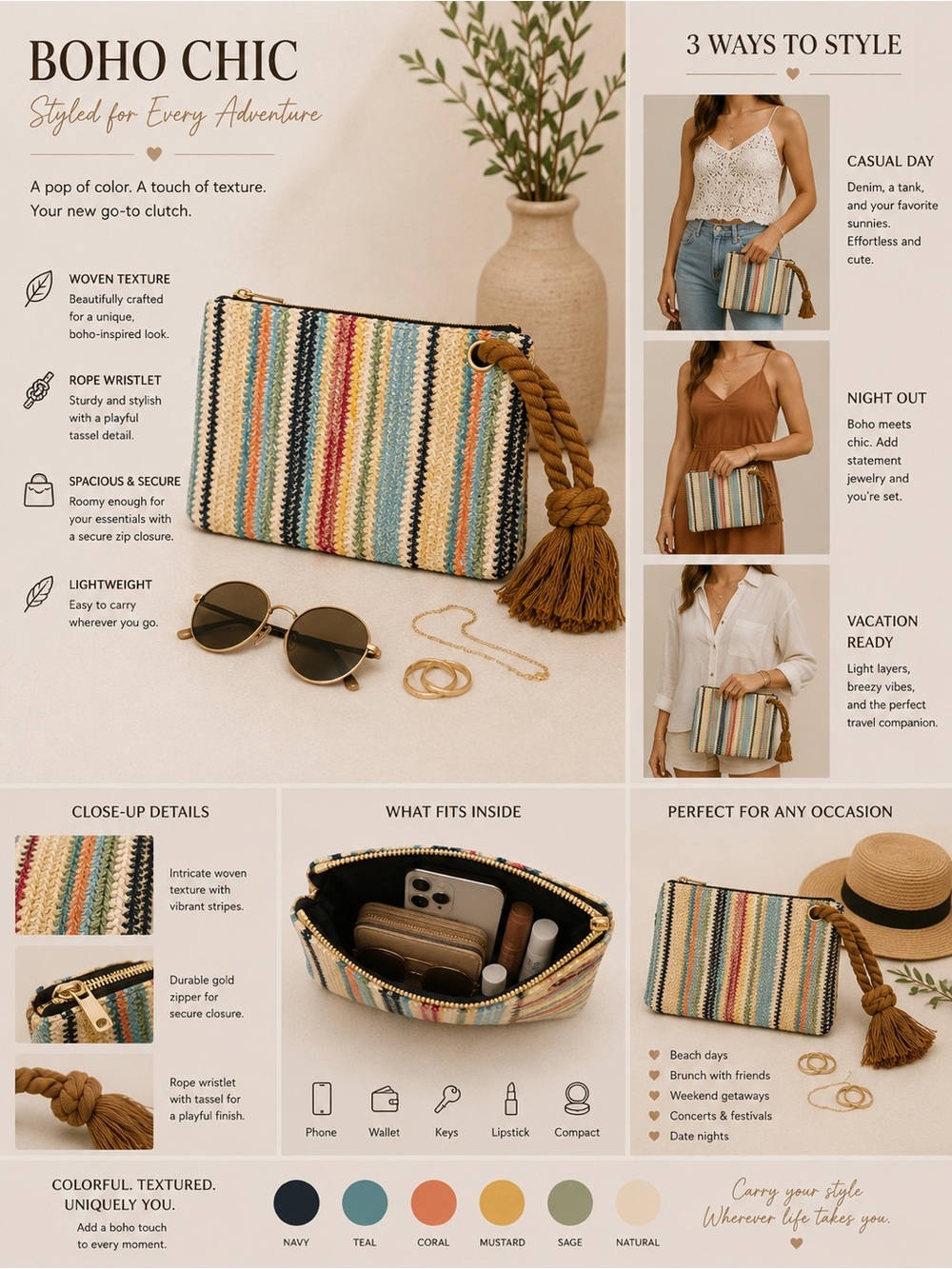 Boho Chic Multicolor Striped Wristlet Clutch - Natural Rope Tassel